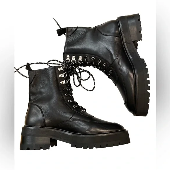 NWT The Kooples High Top Black Leather Biker Combat Boots In Ranger Style Size 8 - Picture 11 of 16